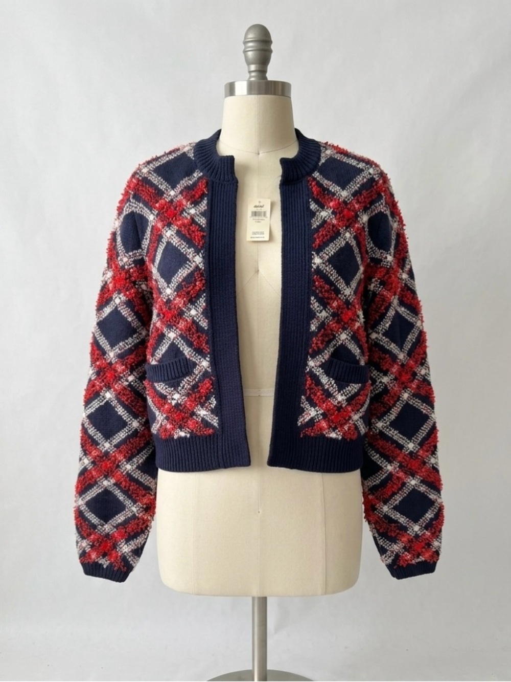 Aerie Chelsea Women Red and Blue Plaid Cardigan Sweater size XS Pockets NWT